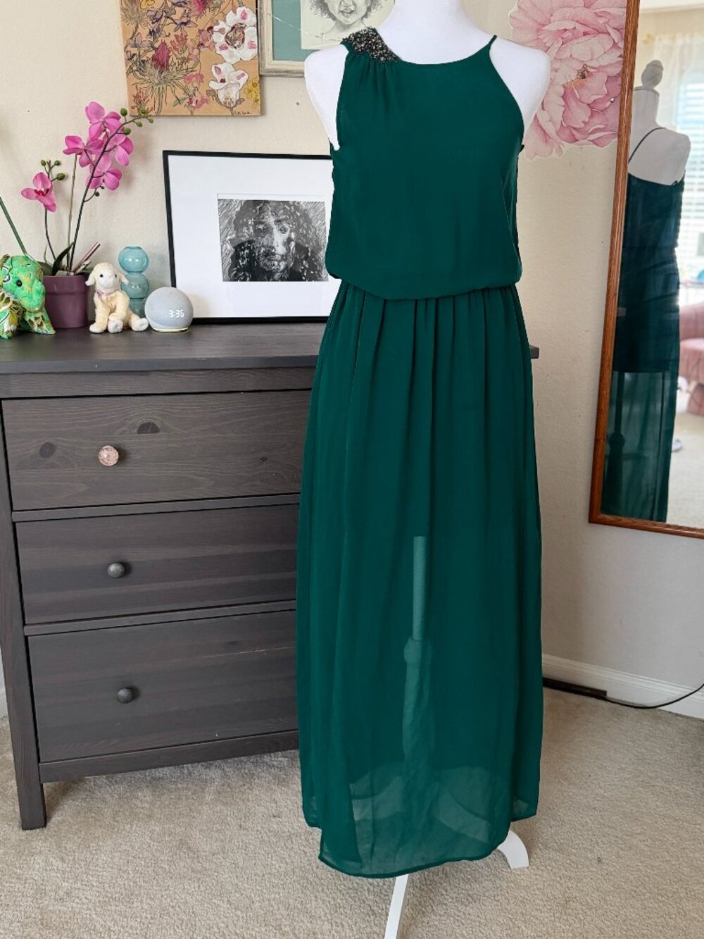 Zara Trafaluc XS Dark Green Asymmetrical Beaded Maxi Dress